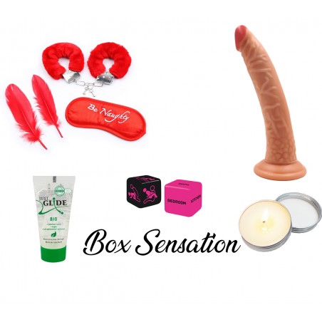 Box Sensation - 7 produits (2 plumes, 1 paire de menotte, bandeau pour les yeux, lubrifiant bio et végétalien 20ml, jeu de dés c