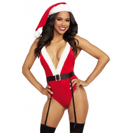 Costume de mère noël grande taille comprenant un body avec porte jarretelles réglables, ceinture noire et bonnet
