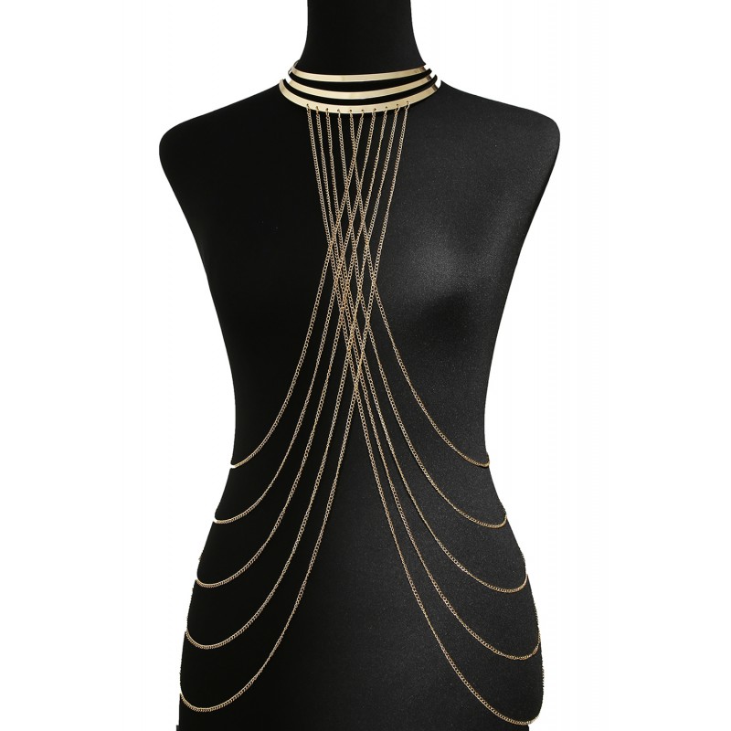 Bijou Tour de cou trois anneaux avec chaines de corps doré