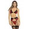 Ensemble 3 pièces Rouge soutien gorge porte jarretelles et string