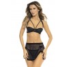 Ensemble 3 pièces noir, soutien gorge, jupette et string