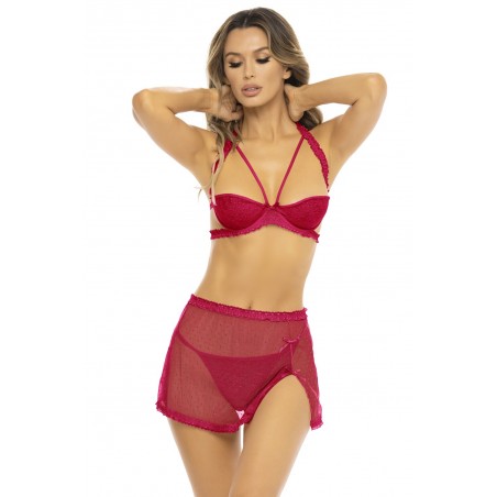 Ensemble 3 pièces Rouge, soutien gorge, jupette et string