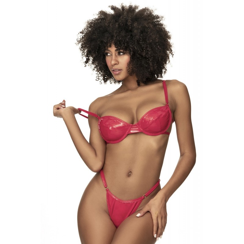 Ensemble lingerie en vinyle rouge vif, composé de deux pièces,