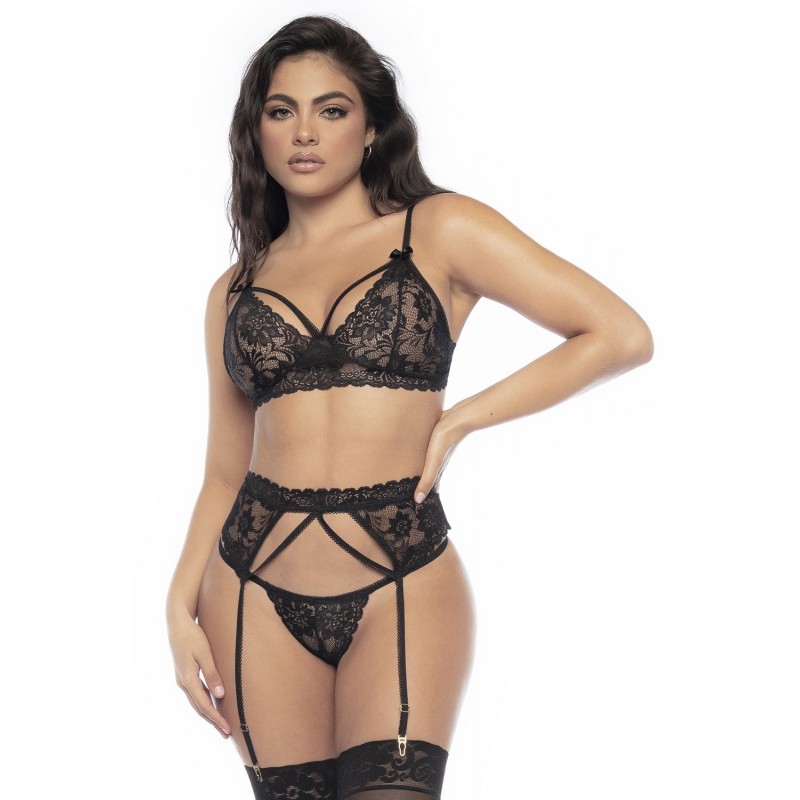 Un style sensuel pour la séduction. Ensembles lingerie trois pièces en dentelle noire florale. Comprend un soutien-gorge triangl