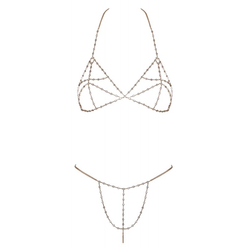 Soutien-gorge et string bijoux en chaînettes dorées et strass irisés
