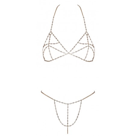 Soutien-gorge et string bijoux en chaînettes dorées et strass irisés