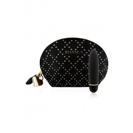 Mini-vibromasseur noir en silicone et sa trousse